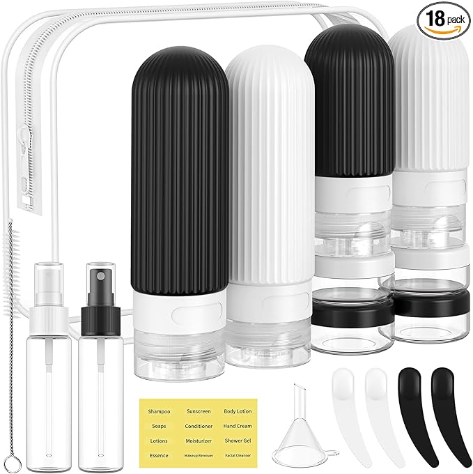 ME.FAN 18 Pack Travel Bottles for Toiletries, TSA Approved Silicone Portable Size Bottle, Refillable Cosmetic Container Kits for Conditioner, Shampoo, Lotion,Face Cream - Black/White