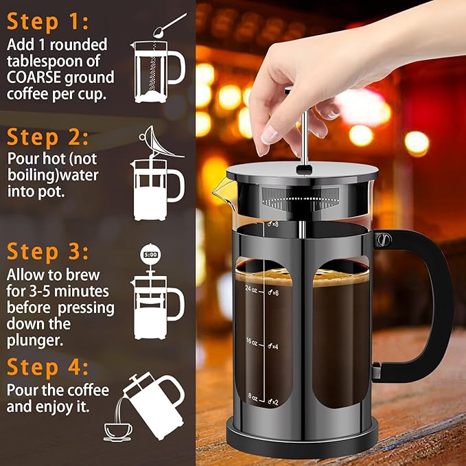 YMMIND French Press Coffee Maker (34oz 1Quart 5-6Cup) Coffee Press, with 4 Filters System, Heat Resistant Thickness Borosilicate Glass, Cold Brew Coffee Tea Pot Gifts (Bright Black)