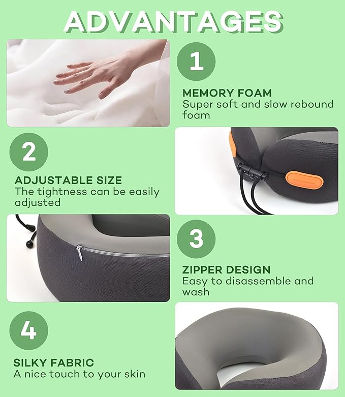 360° Support Memory Foam Travel Neck Pillow – Adjustable Fit for Airplane, Car, Train & Office | No Head Bobbing or Dropping | Firm Support for Long Flights | Carry Bag Included