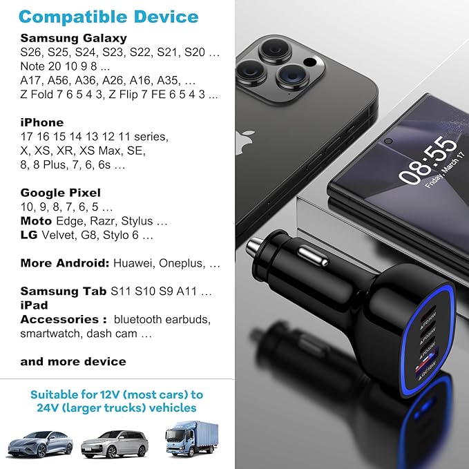 Multi 4 Ports Fast Car Charger Adapter 12V Auto Vehicle Plug - USB C & USB A Quick Charging - Cigarette Lighter Cell Phone Automobile Charger for iPhone 17 Pro Max Air 16e 16 15 14 13 12, Samsung S26