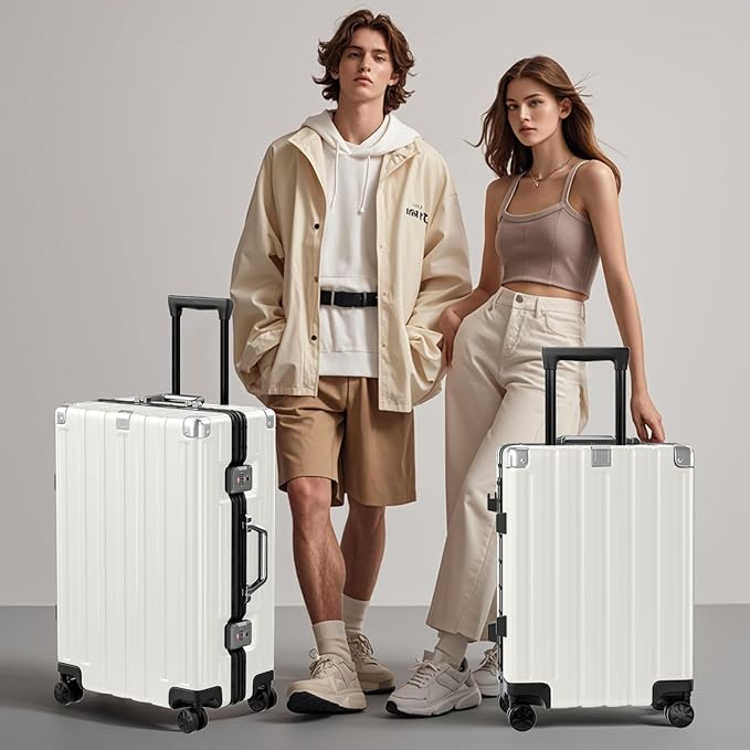 Krute Aluminum Frame Luggage 28 Inch Checked Suitcase with Spinner Wheels TSA Approved No Zipper Hard Shell Luggage PC+ABS Travel Suitcase White