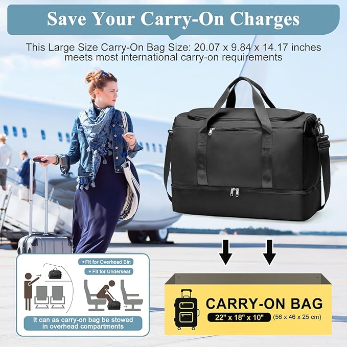 Large Travel Duffle Bag,Carry on Overnight Weekend Bag with Shoes Compartment,Weekender Bags for Women for Travel Business Trips Sport Hospital,Black