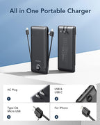 VEGER Portable Charger with Built-in AC Plug and Cables, All in One 10000mAh Ultra Slim Power Bank Travel Essentials, Fast Charging Battery Pack Compatible with iPhone, Samsung, Android (Black)