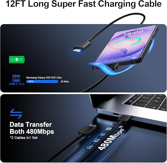 Super Fast Charger Type C, 25W USB C Wall Charger Fast Charging for Samsung Galaxy S26 Ultra/S26/S26+/S25 Ultra/S25/24 Ultra/S24/S23 Ultra/S22 Ultra with 12FT Long Android Type C Charger Cable 2Pack