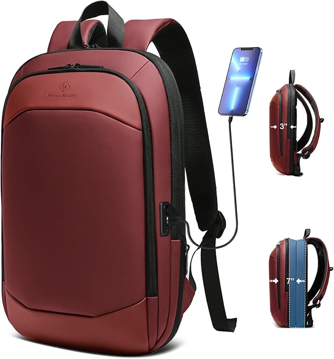 hk Business Backpack for Men 17 Inch,Slim & Expandable Waterproof Travel Laptop Backpack with USB Charger Port (Red)