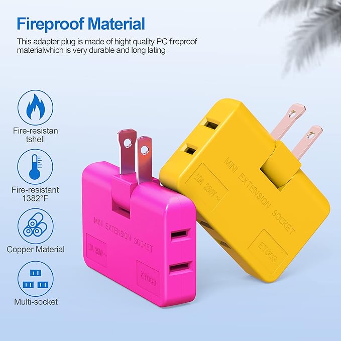 ETwinCoo 3 Way Flat Wall Outlet Extender AC Adapter - 2 Prong Flat Wall Plug, Adjustable Rotatable Mini Socket (Quick & Safe) Perfect for Home and Travel, Type A, Multiple Color (4 Pack)