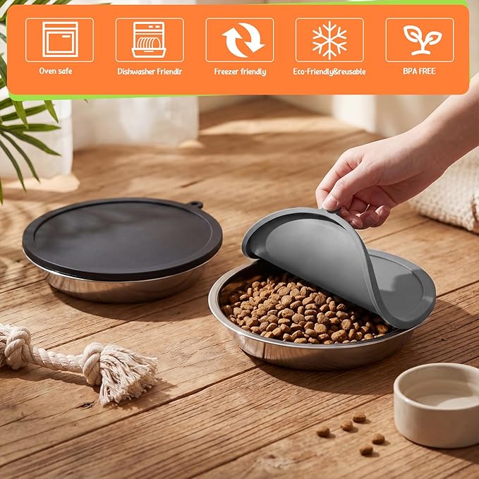 Patelai 4 Pcs Stainless Steel Dog Bowls with Silicone Lids Portable Food and Water Dishes for Pets Sealable Containers for 6.3" for Cats & Small Dogs (Black,Gray)