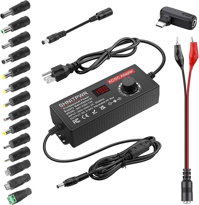 SHNITPWR 120W Universal Power Supply Adapter DC 3.5V~24V 5A Adjustable AC/DC Adapter with USB C Charger PD 100W 100V-240V AC to DC Converter Variable Power Supply,14 Tips,Alligator Clips Power Cable