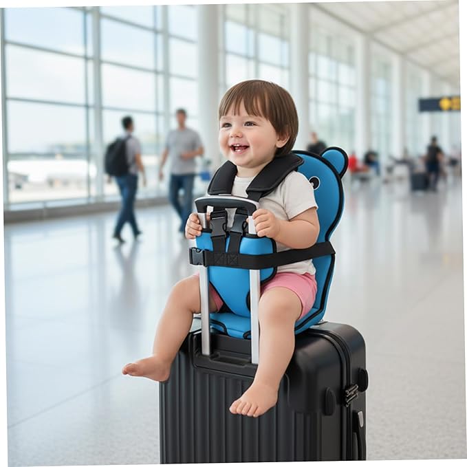Cartoon Bear Kids Suitcase Seat with Safety Strap, Toddler Travel Essential, Luggage Seat for Family Travel, Comfortable Ride for Kids, Blue