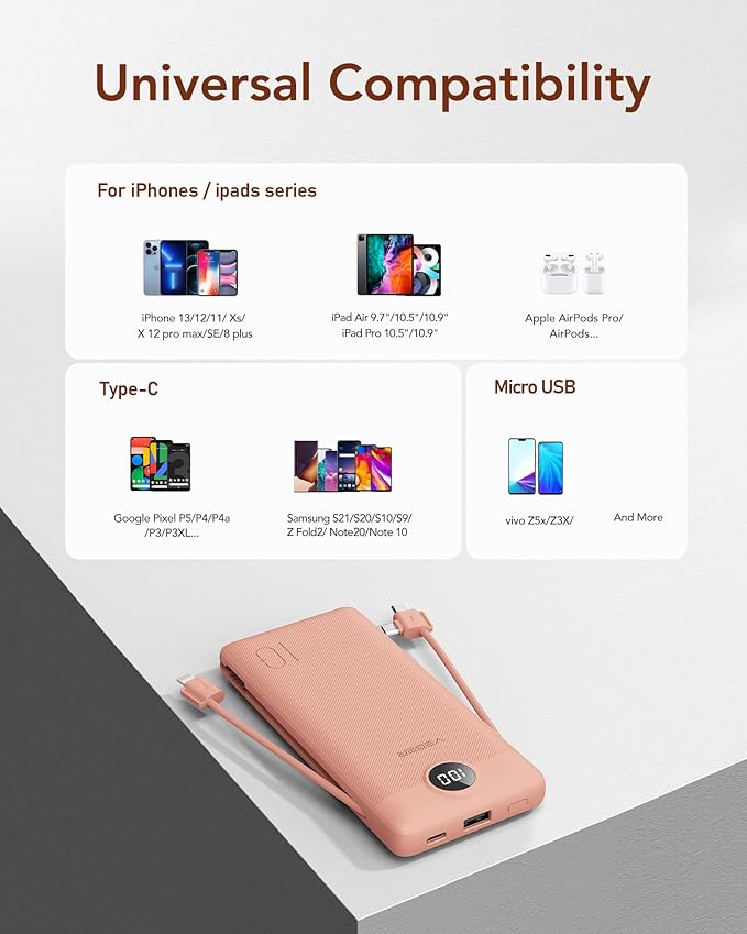 VEGER Portable Charger with Built-in AC Plug and Cables, All in One 10000mAh Ultra Slim Power Bank Travel Essentials, Fast Charging Battery Pack Compatible with iPhone, Samsung, More(Dark Pink)