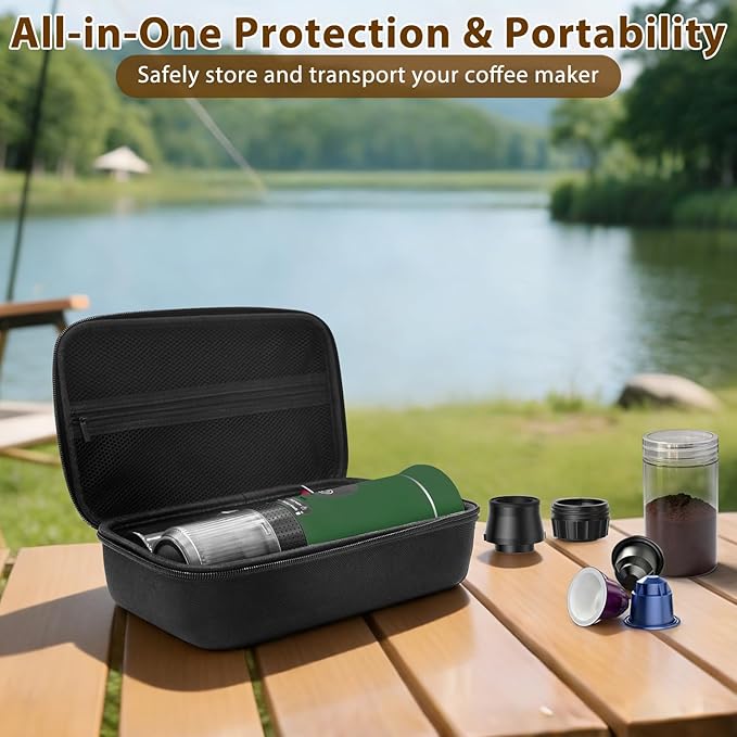 Portable Coffee Maker for Travel & Camping, Portable Espresso Maker with Bag, Rechargeable Cordless Battery Operated Coffee Makers for Ground Coffee, NS Capsule RV, Hiking, Office(Green)