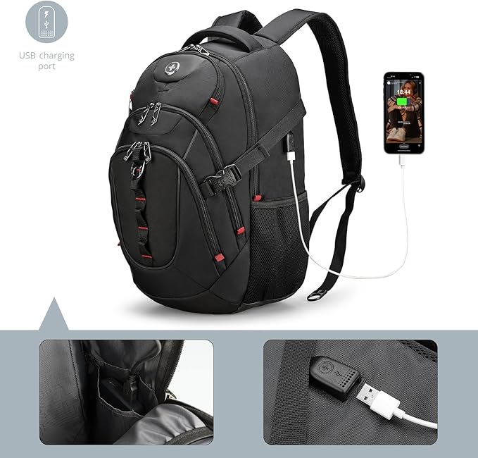 Swissdigital Design Laptop Backpack, Travel Backpack with USB Charging Port Fits 15.6 inches Computer, 31L College School Bookbag for Men, Black | SD803-01