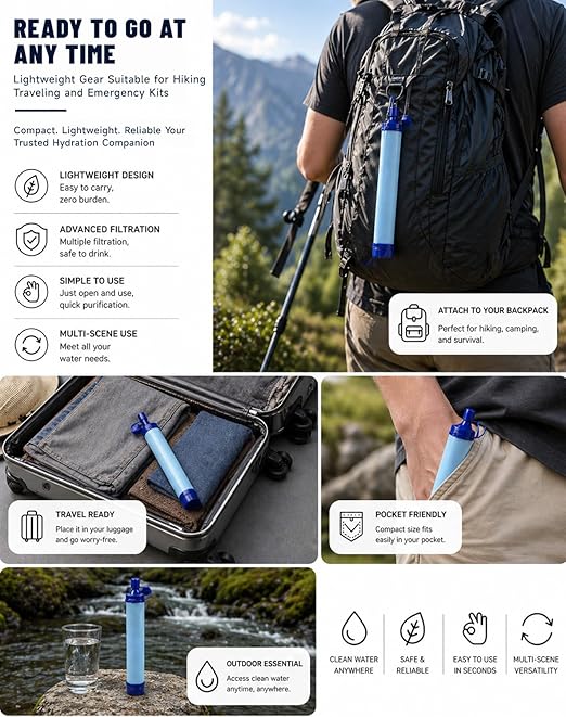 Water Filter, Portable Water Filter Straw, Emergency Survival Filtration System, Lightweight Personal Water Purifier, Includes 480ml Reservoir & Tube, for Hiking, Camping, Travel (3)
