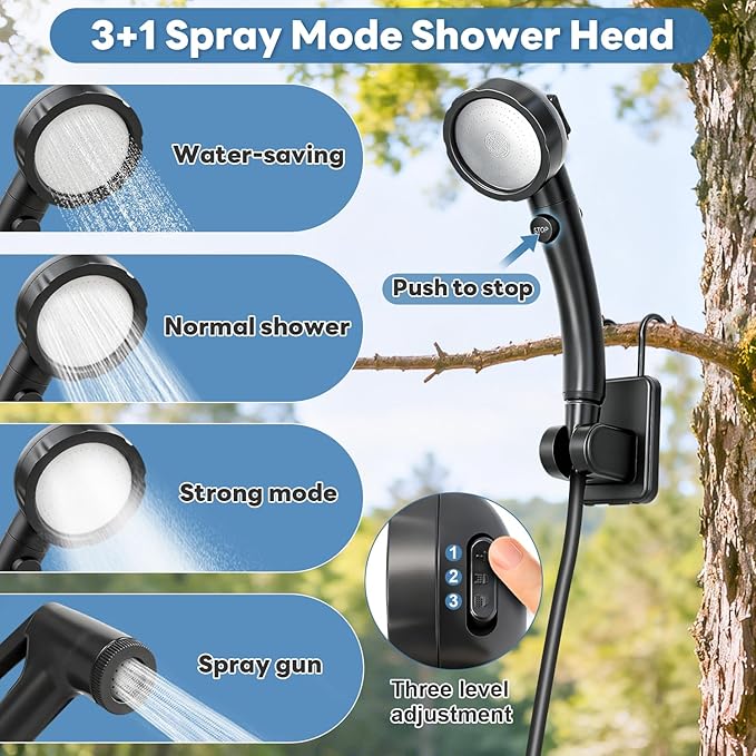Portable Shower with Heater 6000mAh Rechargeable Camping Shower with LED Display, 3 Spray Modes, IPX7 Waterproof Shower Pump Foldable Bucket Outdoor Showering for Hiking RV Car Travel Pet