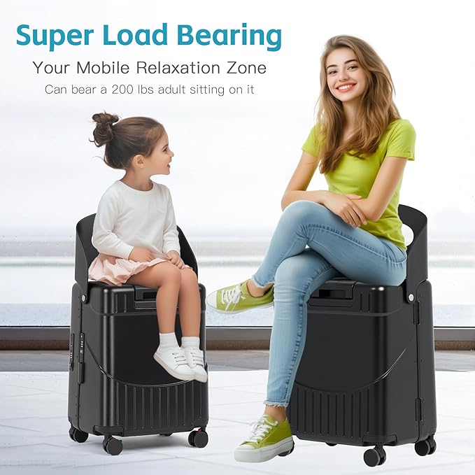 advwin 22" Ride On Luggage with Seat for Kids & Adults, Lightweight Hardside Ride-On Suitcase with Front Opening, TSA Lock, 360° Spinner Wheels, Black