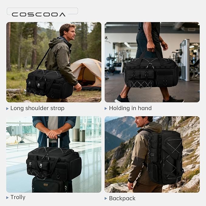 Gym Bags for Men with Shoe Compartment 60L Tactical Duffle Bag 3 in 1 Carry on Duffel Bag Travel Backpack Weekender Overnight Range Bag for Workout Football, Black