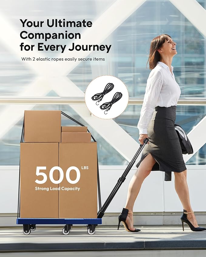 Voipvvii Folding Hand Truck 500lbs, Portable Heavy Duty Dolly Cart, 6 Wheels Collapsible Luggage Cart with 2 Elastic Ropes - Compact Trolley Cart for Easy Moving - Ideal Hand Cart for Travel and More