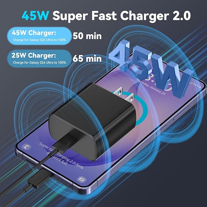 45W Super Fast Charger USB Type C Charger Cord 12FT with Android Phone Charger Fast Charging Block for Samsung Galaxy S26/S26 Ultra/S26+/S25/S25 Ultra/S25+/S24/S23/S22/S20/S21/Note 20/Note 10, Black