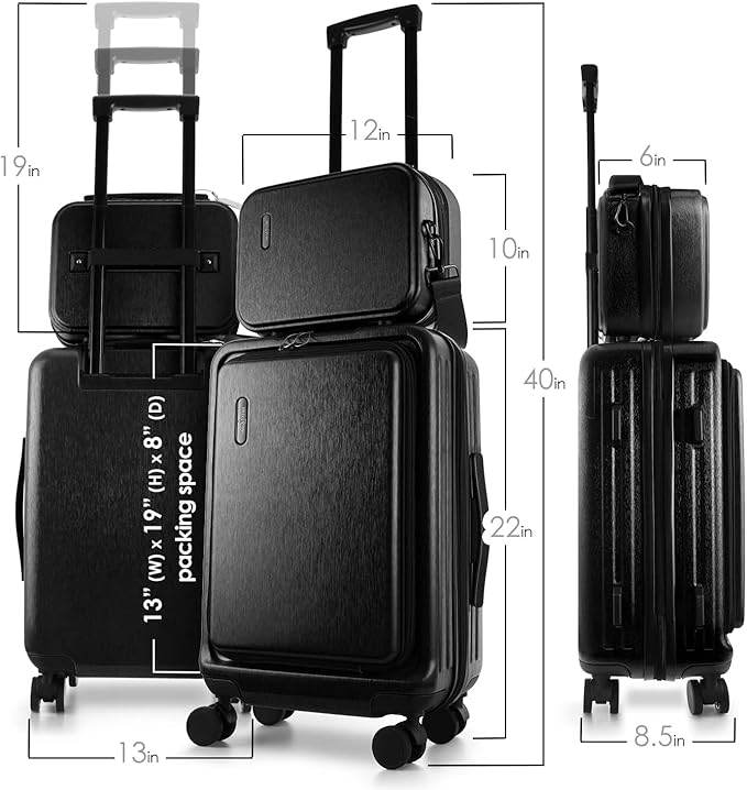 22 Inch Carry On Luggage 22x14x9 Airline Approved, Carry On Suitcase with Wheels, Hard-shell Carry-on Luggage, Durable Luggage Carry On, Jet Black Small Suitcase with Cosmetic Carry On Bag