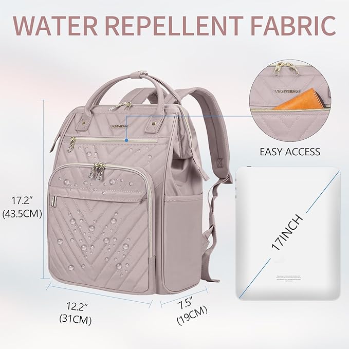 VANKEAN 17 Inch Laptop Backpack for Women Fashion Computer Work Bag, Large Capacity Waterproof Backpack, College Daypack Business Travel Backpack, Light Dusty Pink