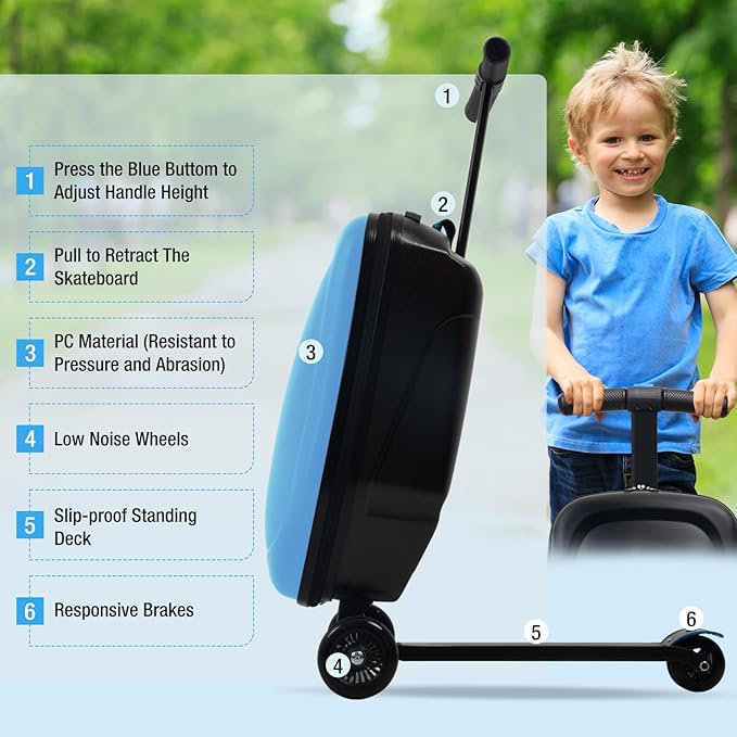 2-in-1 Ride-On Scooter Suitcase for Kids & Adults, 20” Foldable Hardshell Carry-On Luggage for Travel, Lightweight Kids Scooter Bag with Wheels