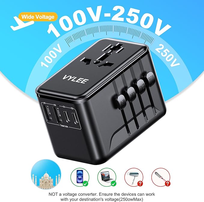VYLEE Universal Travel Adapter, Type D/G/C/I/A International Adaptor with 2 USB C 2 USB A, Worldwide Charger for Europe UK Maldives Sri Lanka India Nepal Ghana Zimbabwe Tanzania Nigeria (Black)
