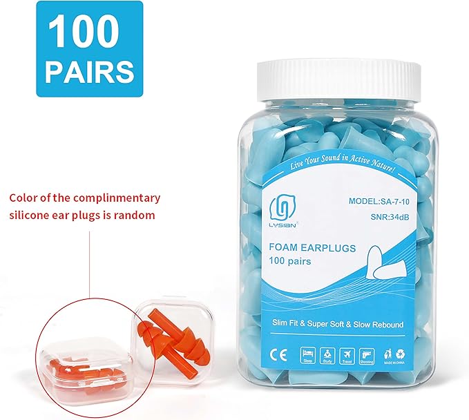 LYSIAN Slim Fit Foam Ear Plugs for Small Ear Canals, 100 Pairs 35dB SNR Noise Reduction Earplugs for Sleeping, Snoring, Travel and Quiet Rest, Women, Teens, Lake Blue