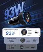 2026 Updated USB C Car Charger, 93W 3-Port Super Fast Type C Car Power Adapter PD/QC Charging Cigarette Lighter for iPhone 17/16/15/14/13/12/11 Pro Max, iPad,MacBook,Pixel, Android