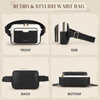 RAINSMORE Fanny Packs for Women, Leather Belt Bag Waterproof Everywhere Crossbody Waist Pack with Adjustable Strap Retro Sling Chest Bag for Work Running Travel Party, Black with White