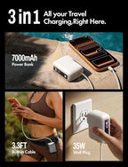 LISEN [Practical＆Lazy Design] 3 in 1 Travel Essentials Power Bank，7000mAh 35W Fast Charging with Wall Plug and Build-in Cable for iPhone 17 16 15 Pro Max Plus,Samsung Galaxy,iPad,Android，Pearl White