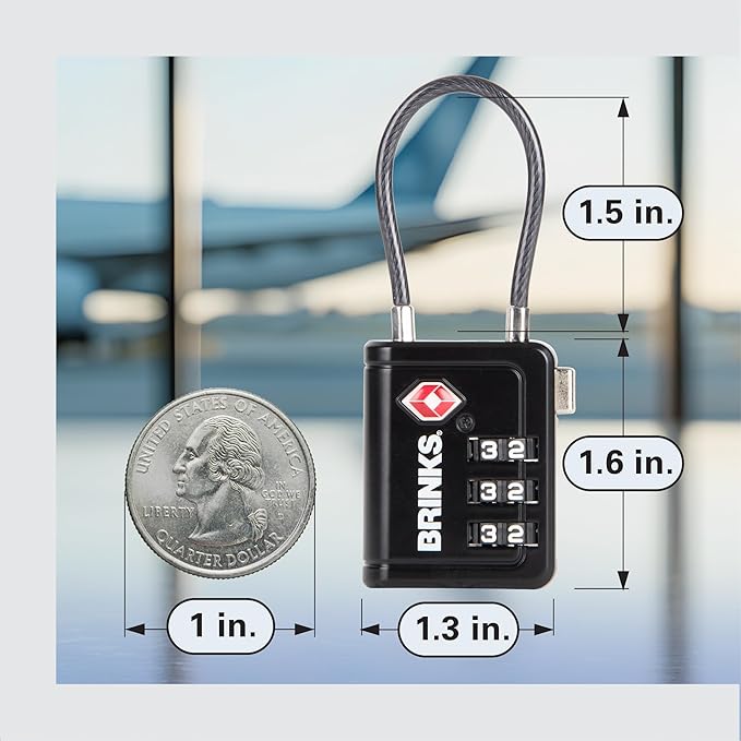 Brinks TSA Accepted Indicator Luggage Lock, Black - Resettable 3-Dial Combination, 1.5 inch Long Cable Shackle, New More Secure TSA008 Key, 4 Pack