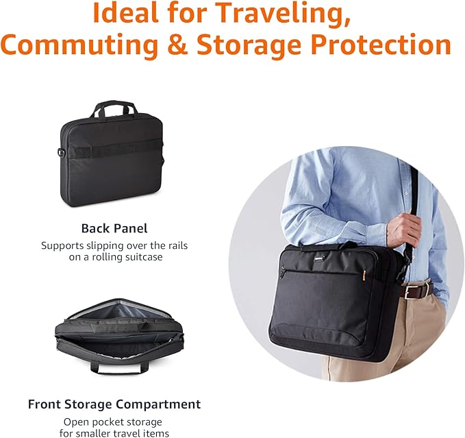Amazon Basics Laptop Carrying Case with Shoulder Strap, 15.6-inch, Black, Large Capacity Office Work Bag, 10-Pack