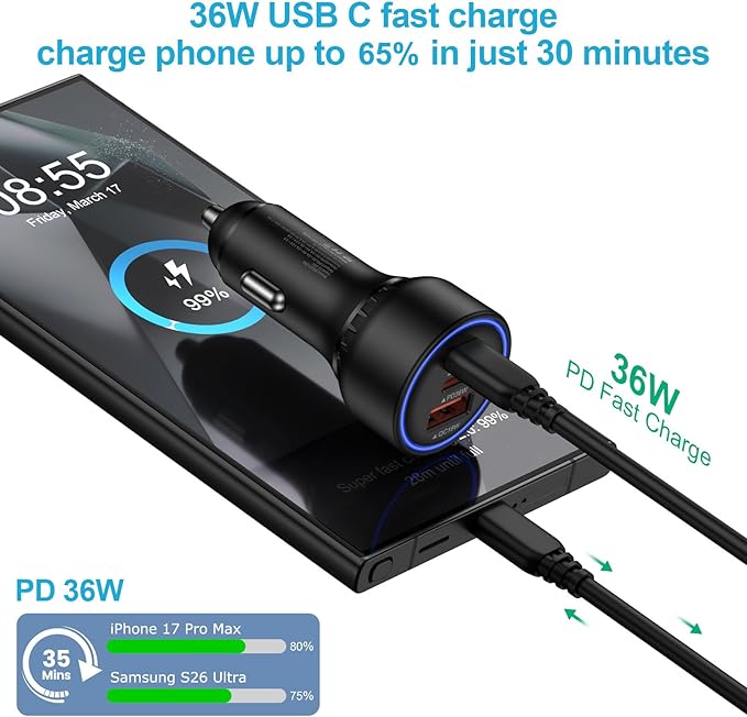 Multi 3 Ports Fast Car Charger Adapter 12V Auto Vehicle Plug - USB C & USB A Quick Charging - Cigarette Lighter Cell Phone Automobile Charger for iPhone 17 Pro Max Air 17e 16e 16 15, Samsung S26