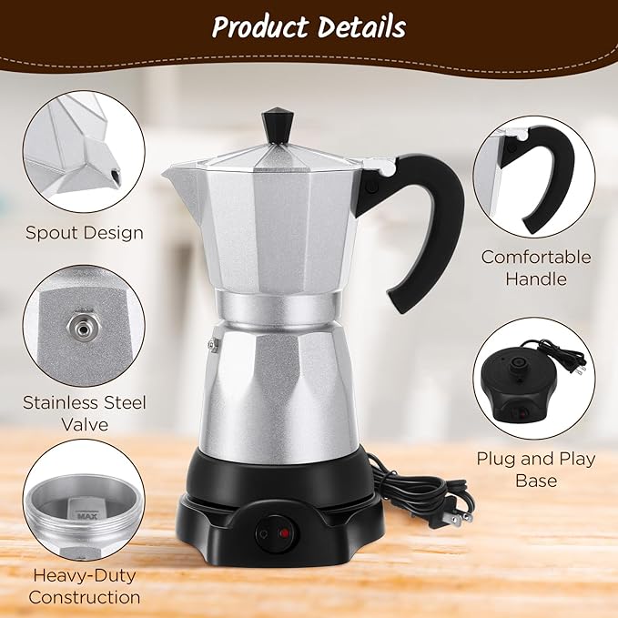 Coffee Pot 6 Cup Electric Espresso Coffee Maker Italian Moka Maker 300ml Portable Aluminum Espresso Machine Cafetera Moka Pot with Detachable Base, Gift for Home Travel (Silver)