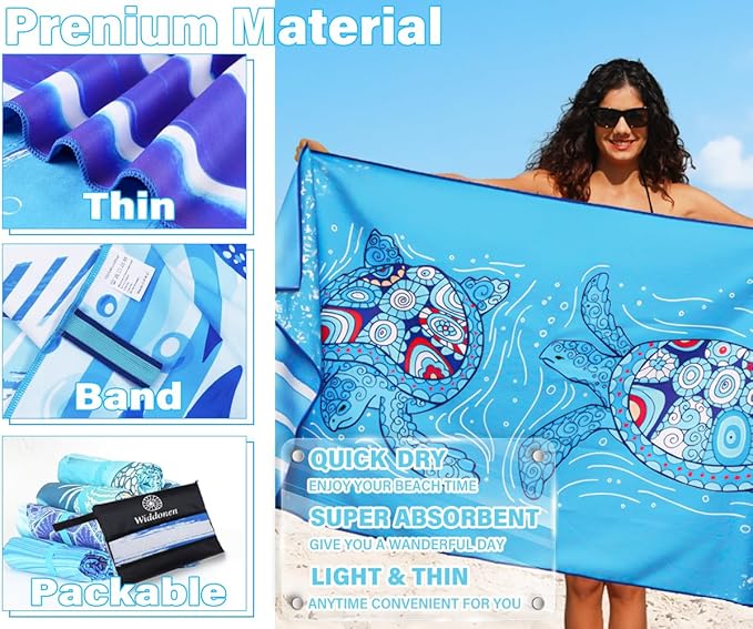Widdonen Lightweight Thin Microfiber Beach Towel Sand Free Quick Dry Absorbent Compact Soft Pool Swim Travel Towels Extra Large Oversized Beach Accessories Packable Essentials Stuff Gifts for Adult