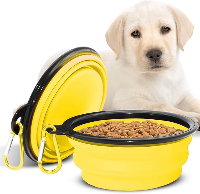 Collapsible Dog Bowls for Travel, Portable Dog Water Bowl & Food Bowl for Dogs and Cats, Foldable Pet Feeding Dish for Walking Hiking Camping with Carabiner, BPA Free, Yellow