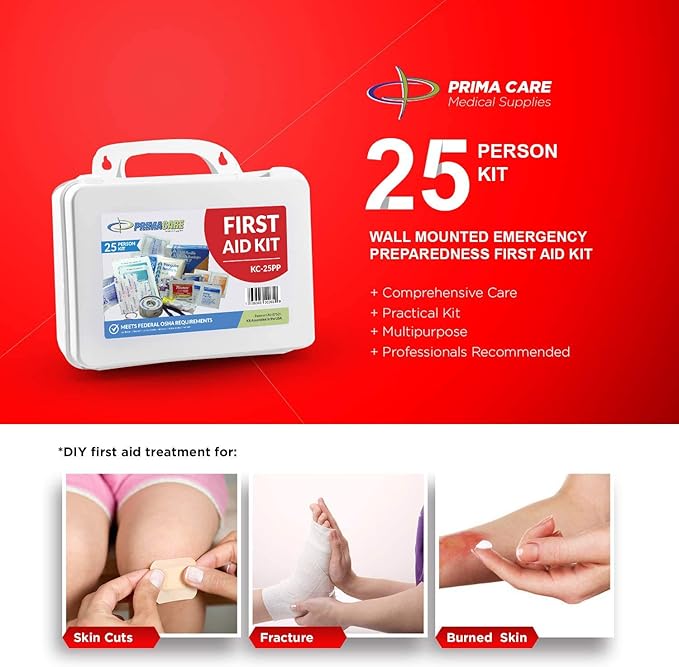 Primacare KC-25PP 25 Person Compact First Aid Kit with 157 Pieces Emergency Medical Supplies, Portable Kits for Home, School and Office, Wall Mount, 10x7x3 inches