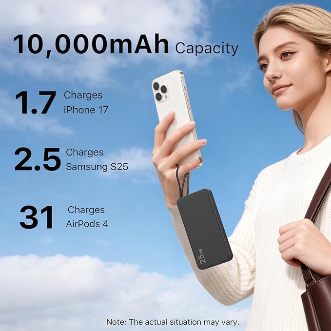 NOBIS Portable Charger 10000mAh 25W Power Bank Fast Charging Battery Pack with Built-in Type-C Cable, USB-C in/Out, USB-A Output with LED Display for Phone 17 S25
