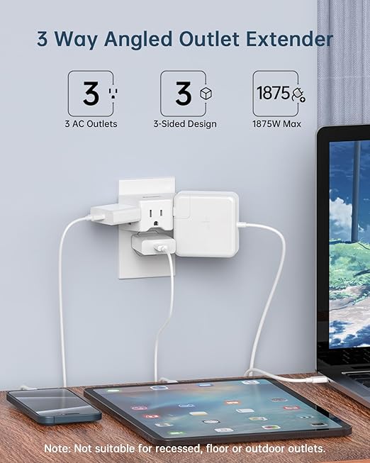 BEONDON Small Angled Outlet Extender, 3 Way Outlet Splitter Plug for Bathroom Kitchen and Other Tight Spaces, White, 1 Pack