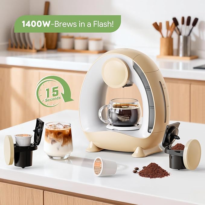 Pod and Grounds Single-Serve Coffee Maker, 2 in 1 One Cup Coffee Machine Compatible with K-Cup Pod & Coffee Grounds/Tea, Compact Design, 4-8oz, Champagne Color