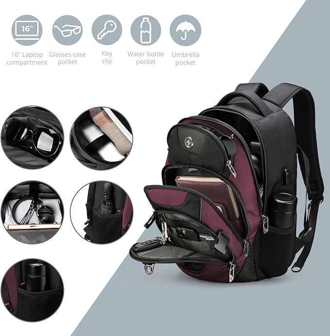 Swissdigital Design Laptop Backpack with USB Charging Port, Travel Backpack Fits 15.6 inches Computer, 31L College School Backpack for Women, Angola red/Black | SD803-44
