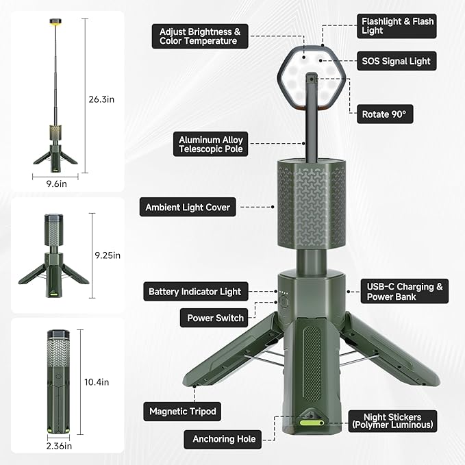 Telescopic Camping Lights, Rechargeable 10500mAh Camping Lantern with Storage Bag, Waterproof LED Camping Lamp with Magnetic, Portable Outdoor Tent Light for Camping,Hiking,Emergency,Fishing (Green)