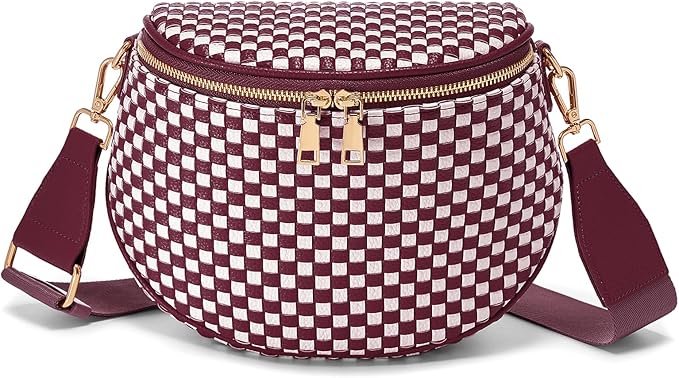 Trendy Woven Checkered Crossbody Bum Bag for Women，PU Leather Checkered Purse Fanny Packs Belt Bag (Woven Bum Bag - Wine Red White)