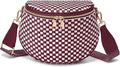 Trendy Woven Checkered Crossbody Bum Bag for Women，PU Leather Checkered Purse Fanny Packs Belt Bag (Woven Bum Bag - Wine Red White)