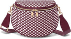 Trendy Woven Checkered Crossbody Bum Bag for Women，PU Leather Checkered Purse Fanny Packs Belt Bag (Woven Bum Bag - Wine Red White)