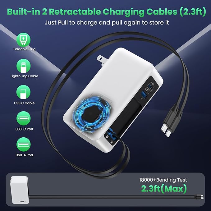 120W USB C Charger Block with 2 Built-in Retractable Cables,4-in-1 GaN IV Foldable Plug Wall Charger Fast Charging Station,PD 65W Laptop Adapter for MacBook/iPad,iPhone 17/16/15/14,Galaxy,Android etc