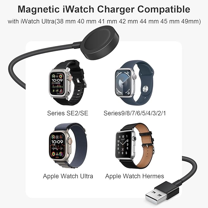 Fast Charger for Apple Watch Charger, Magnetic iWatch Charger to USB A Cable 3.3FT with USB A Wall Plug Adapter for Apple iWatch Series Ultra/10/9/8/7/6/SE/5/4/3/2 (Black)