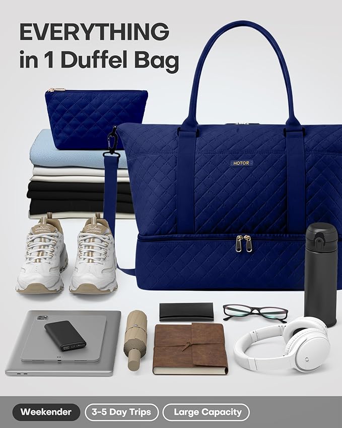 HOTOR Travel Duffel Bag - Weekender Bags for Women, Gym Tote Bags with Shoe Compartment, Carry On Overnight Bag with Toiletry Bag for Travel Essentials Travel Accessories, Dark Blue, 13.4"×17.3"×7.9"