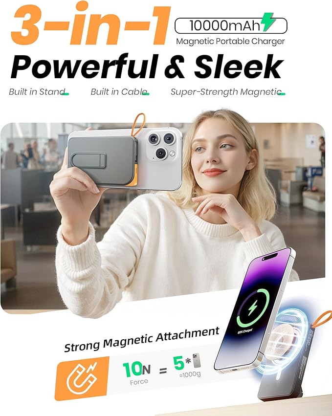 for Magsafe Power Bank, Magnetic Portable Charger with Stand, 10000mAh Wireless Battery Pack Fast Charging with Built in Cable(USB C), Powerbank for iPhone17/16/15/14/13/12 Travel & Daily, White