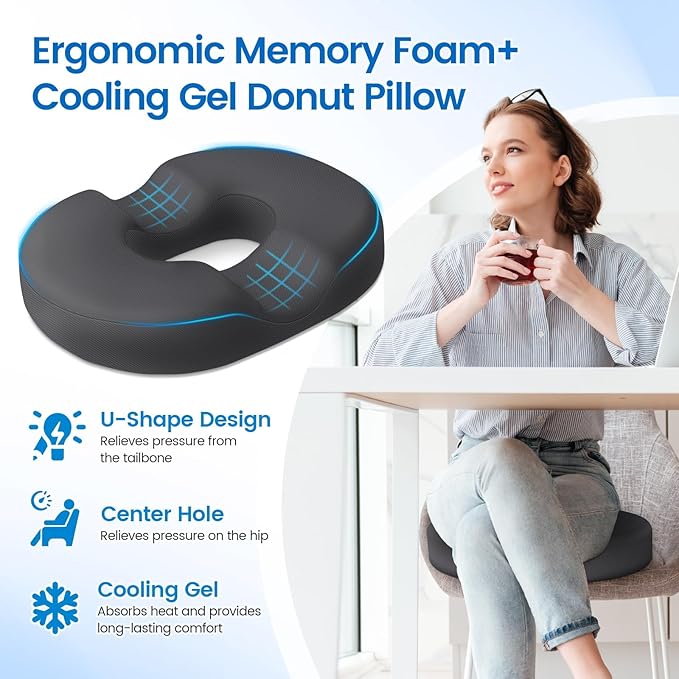 Donut Pillow Seat Cushion - Cooling Gel Donut Chair Cushions, Memory Foam Seat Cushion for Office & Home, Car Seat Cushion and Butt Pillow, Hemorrhoids Pillow and Tailbone Pain Relief, Grey